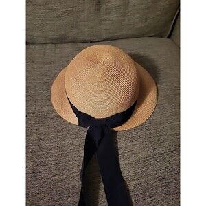 Vtg MSC Tan Black Straw Hat Bow Classic Small Size 21.5